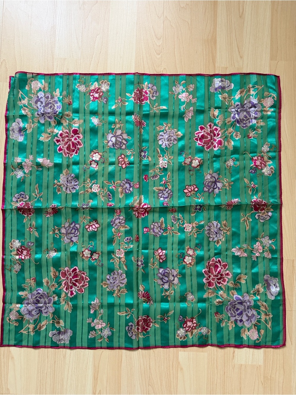 Oscar de la Renta Green Floral Silk Scarf with Pink and Purple Blooms
